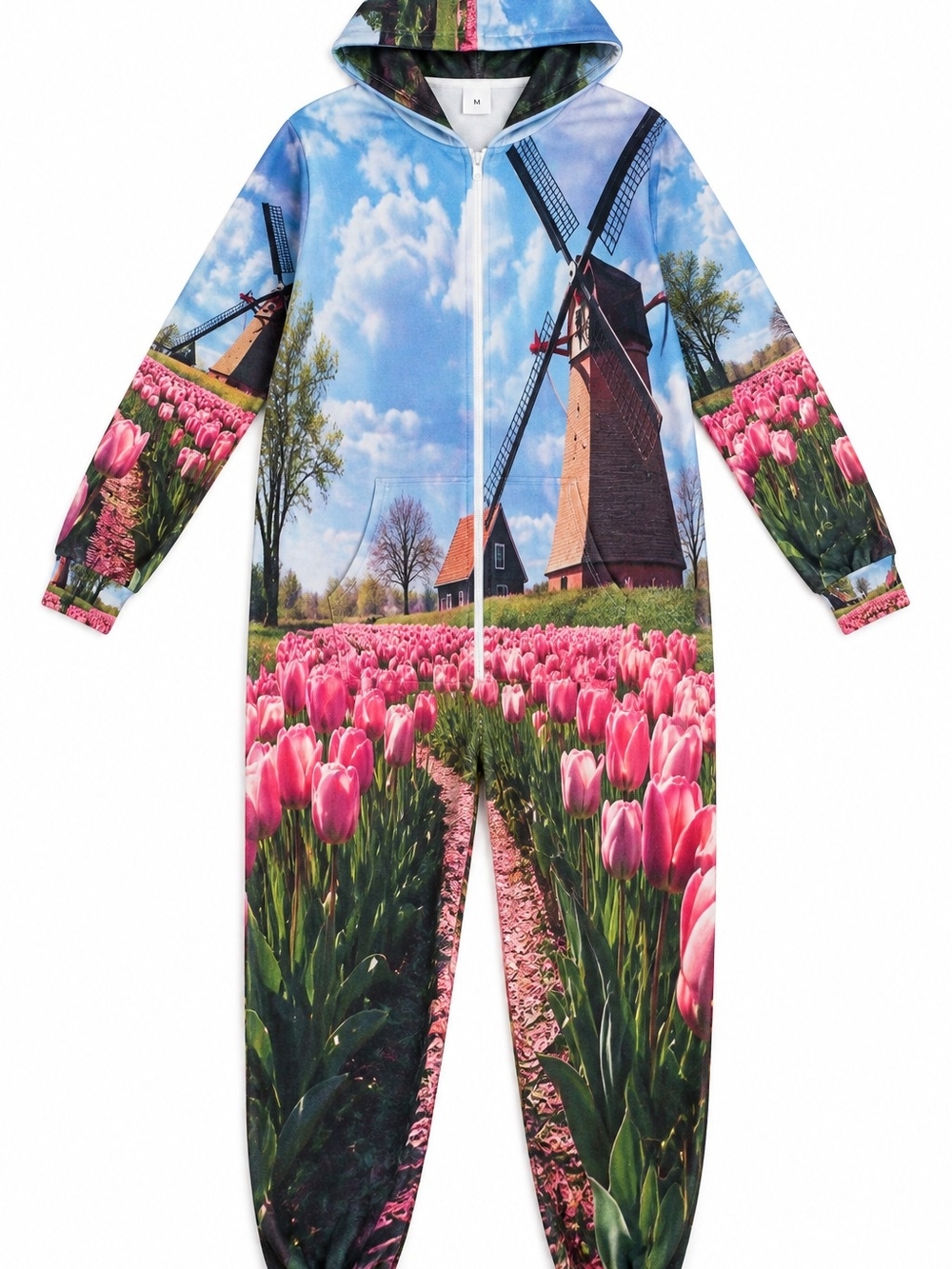 Adult M Hooded Pajama Onesie Dutch Windmill Tulip Print Zip Front NWOT